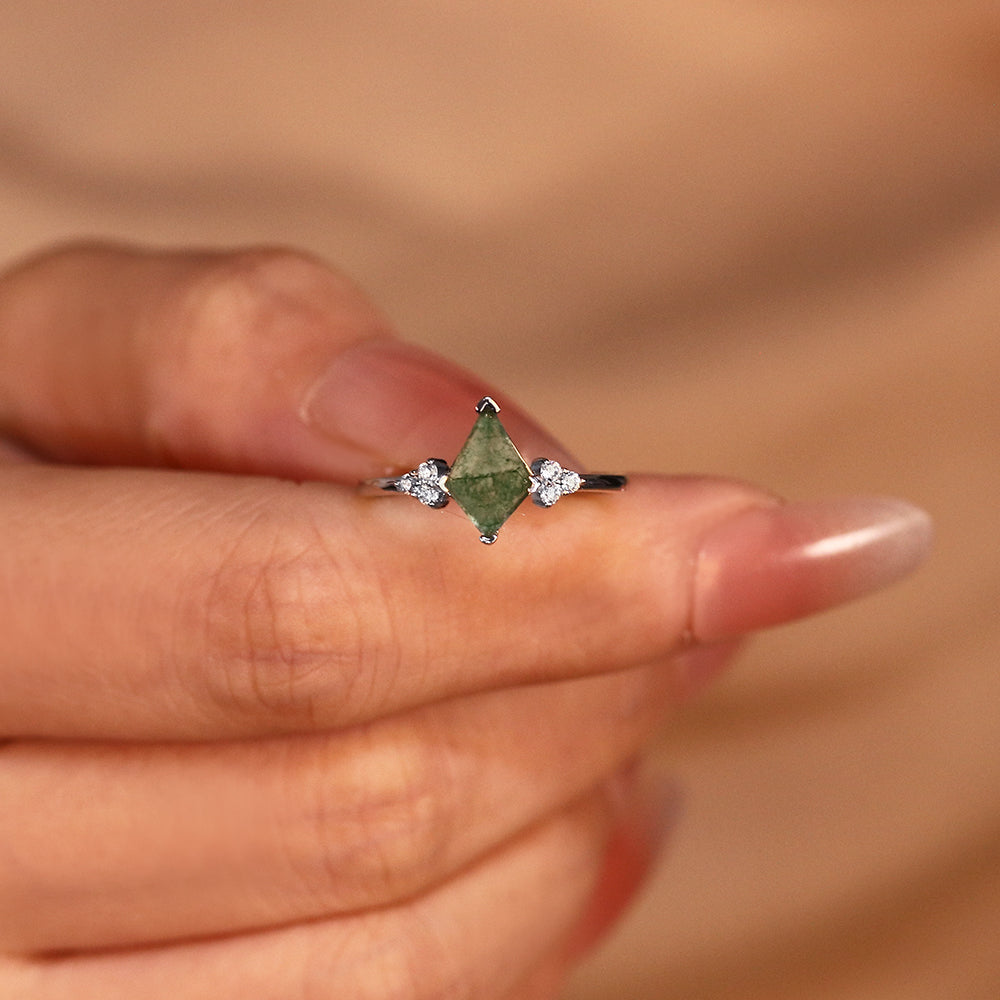 7x10mm Kite Cut Moss Agate Nature Inspired Accent Engagement Ring