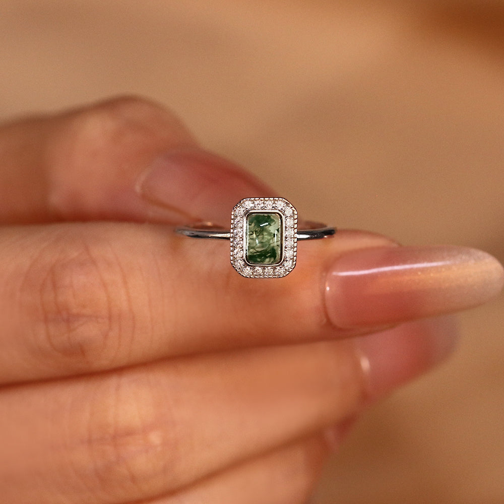 5x7mm Emerald Cut Moss Agate Nature Inspired Halo Engagement Ring