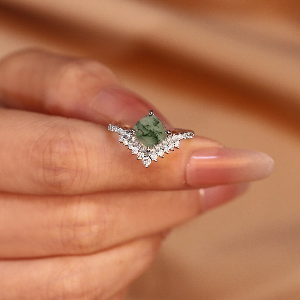 7x7mm Cushion Cut Moss Agate Nature Inspired Butterfly Wing Engagement Ring