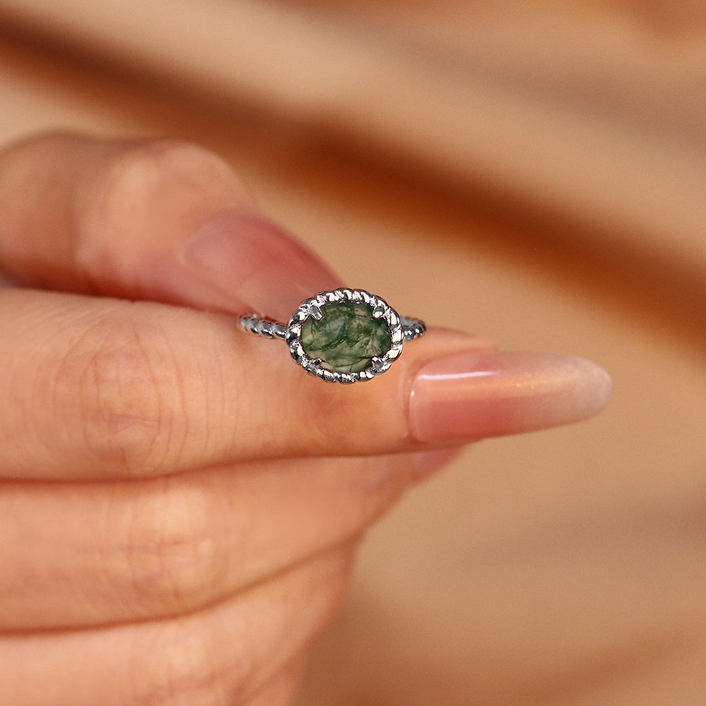 7x9mm Oval Cut Moss Agate Nature Inspired Rope Twist Engagement Ring