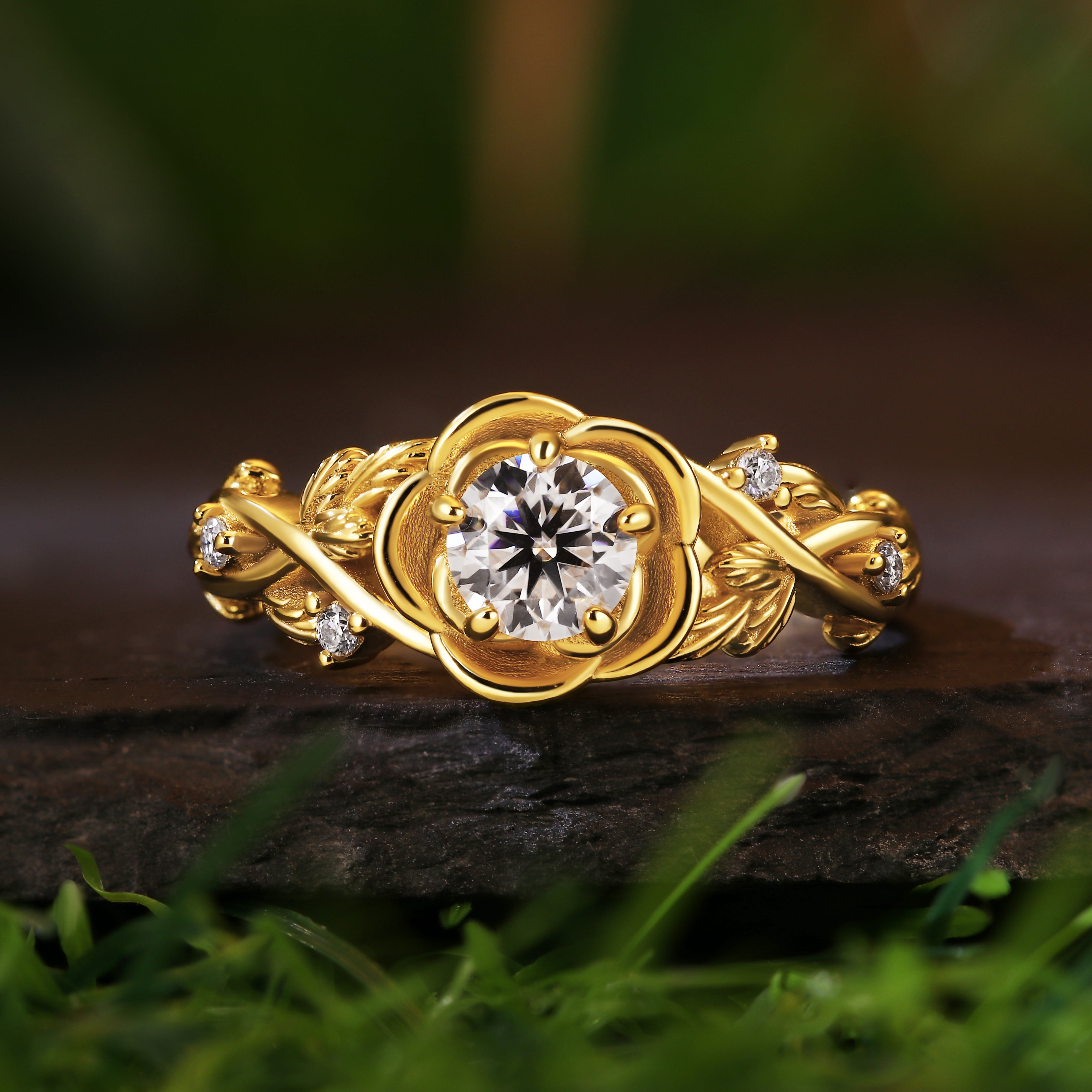 Nature Inspired 0.55CT Round Cut Moss Agate Rose Flower Leaf Engagement Ring