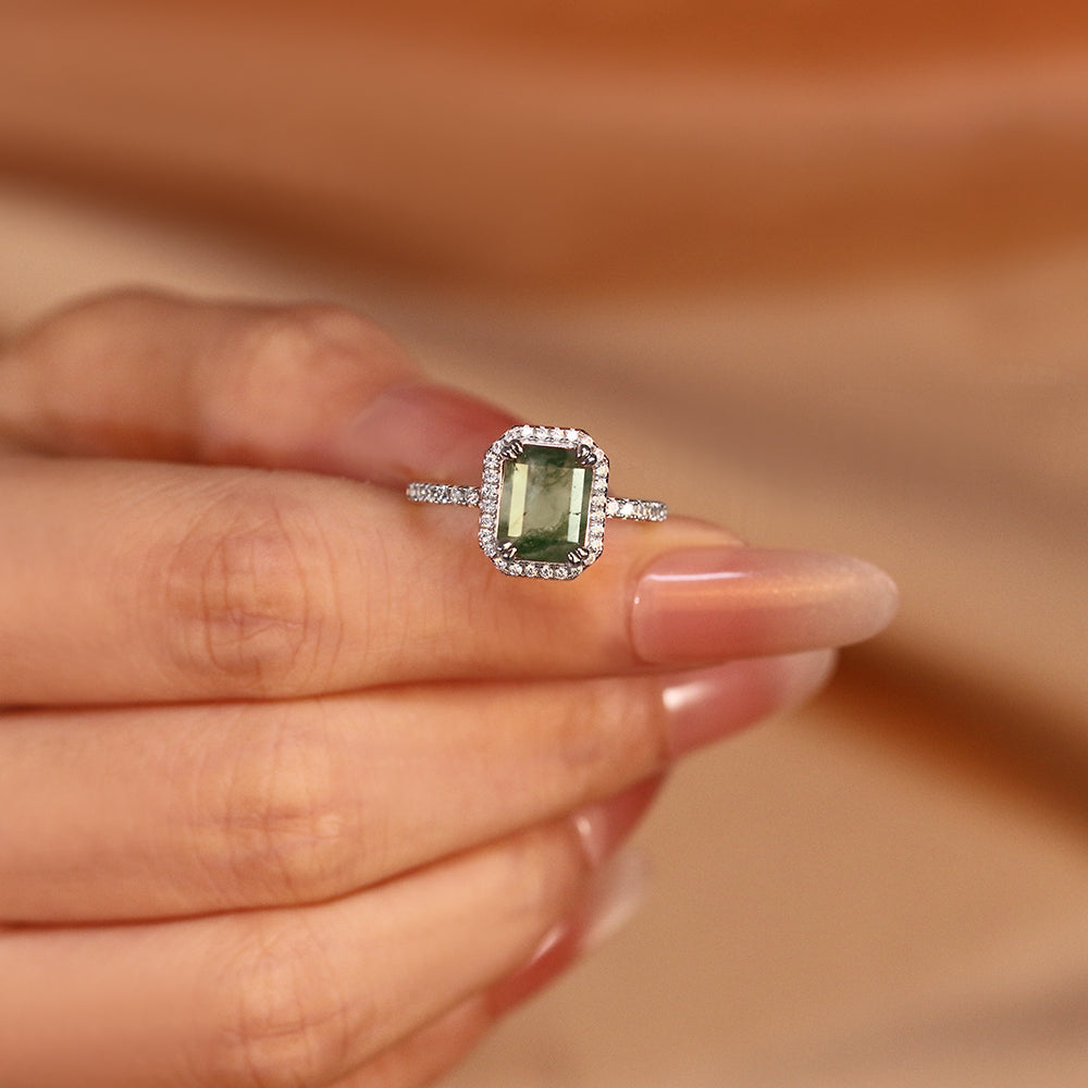 8x10mm Emerald Cut Moss Agate Nature Inspired Halo Engagement Ring