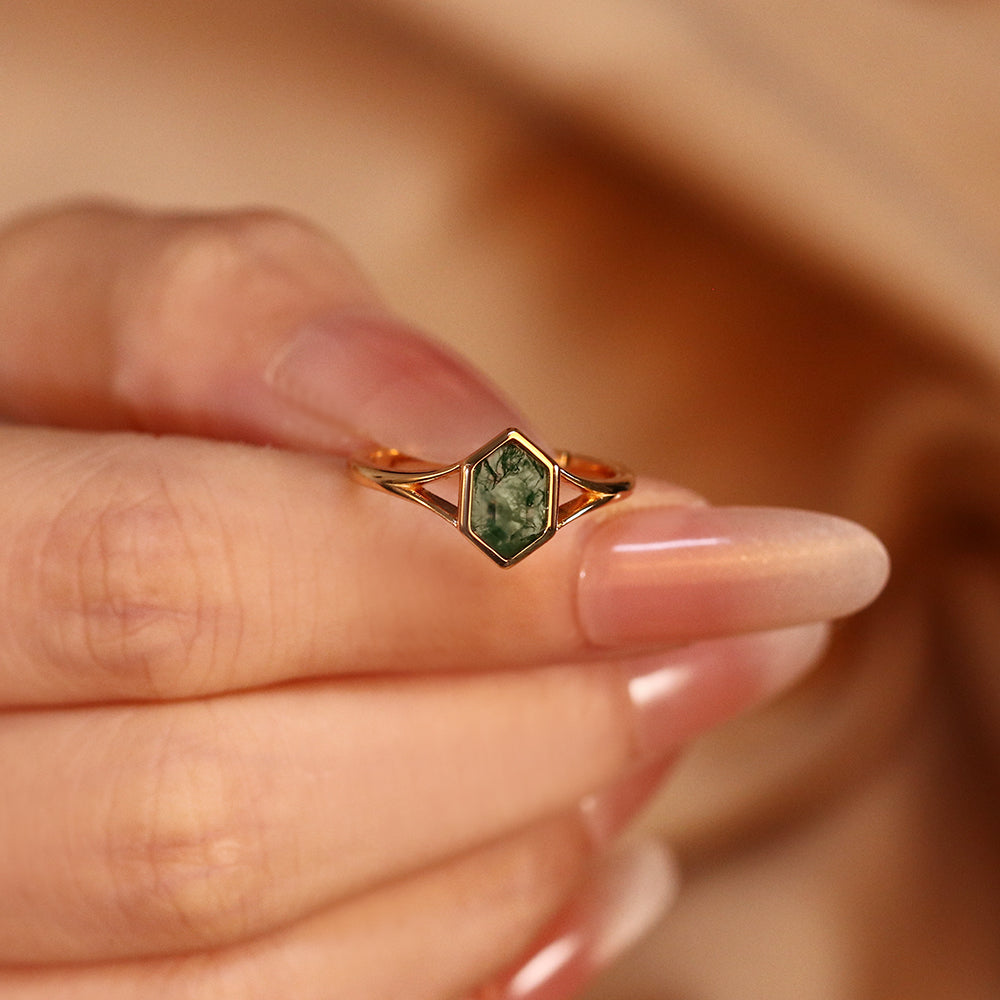 6x10mm Hexagon Cut Moss Agate Nature Inspired Geometric Openwork Engagement Ring