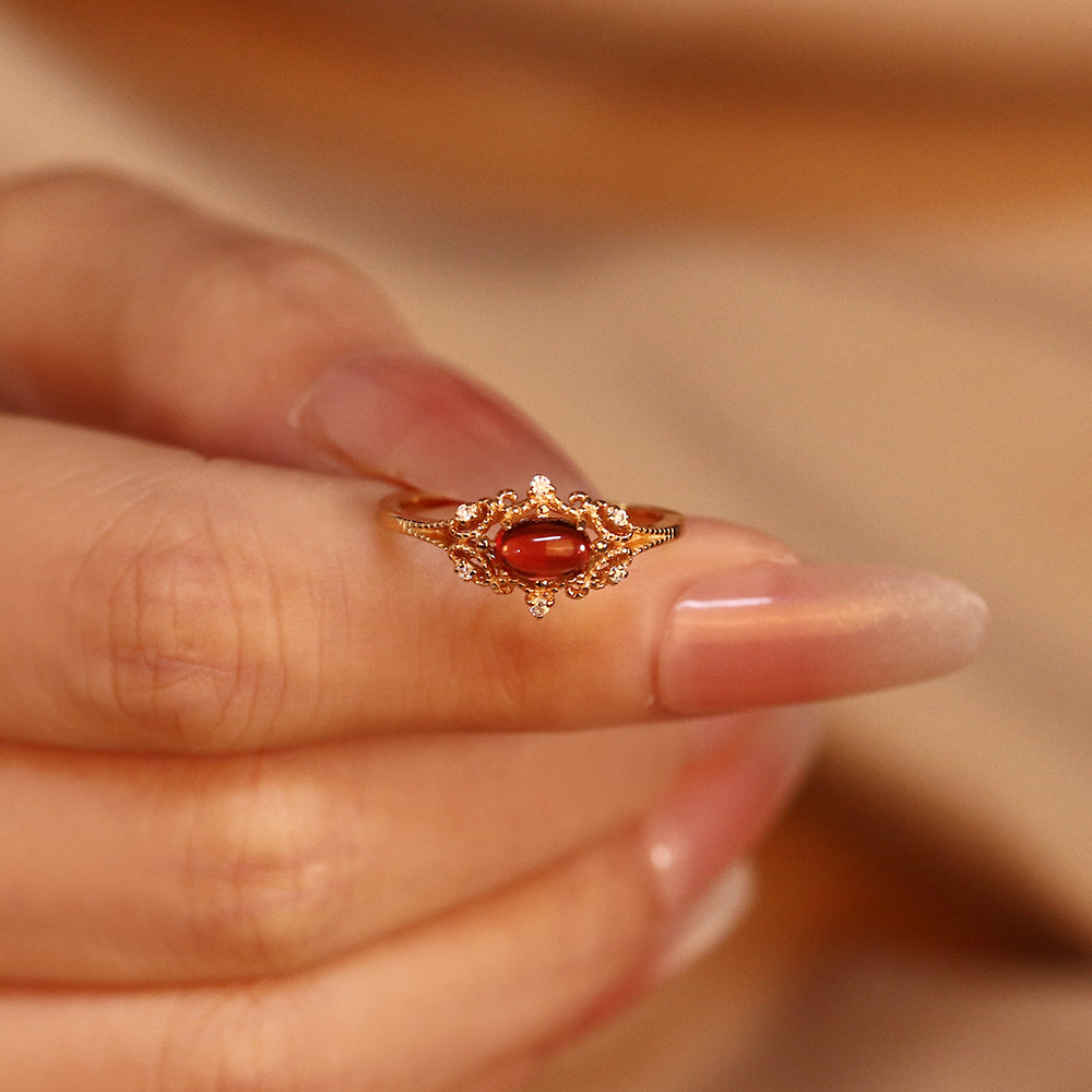 5x7mm Oval Cut Garnet Vintage Inspired Filigree Diamond Accent Engagement Ring