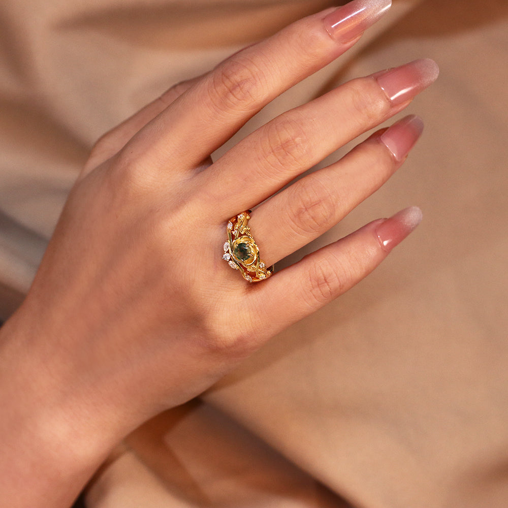 Nature Inspired 5mm Round Cut Moss Agate Rose Flower Leaf Bridal Ring Set