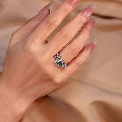 Nature Inspired 5mm Round Cut Moss Agate Rose Flower Leaf Bridal Ring Set