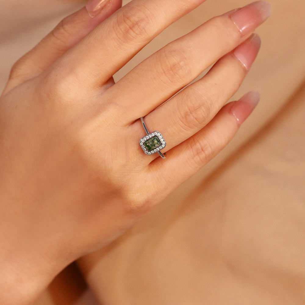 5x7mm Emerald Cut Moss Agate Nature Inspired Halo Engagement Ring