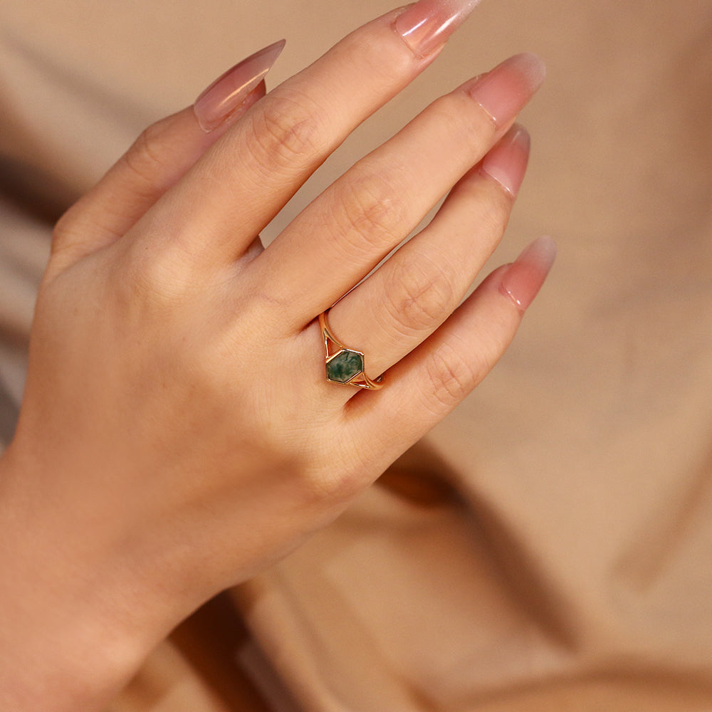 6x10mm Hexagon Cut Moss Agate Nature Inspired Geometric Openwork Engagement Ring