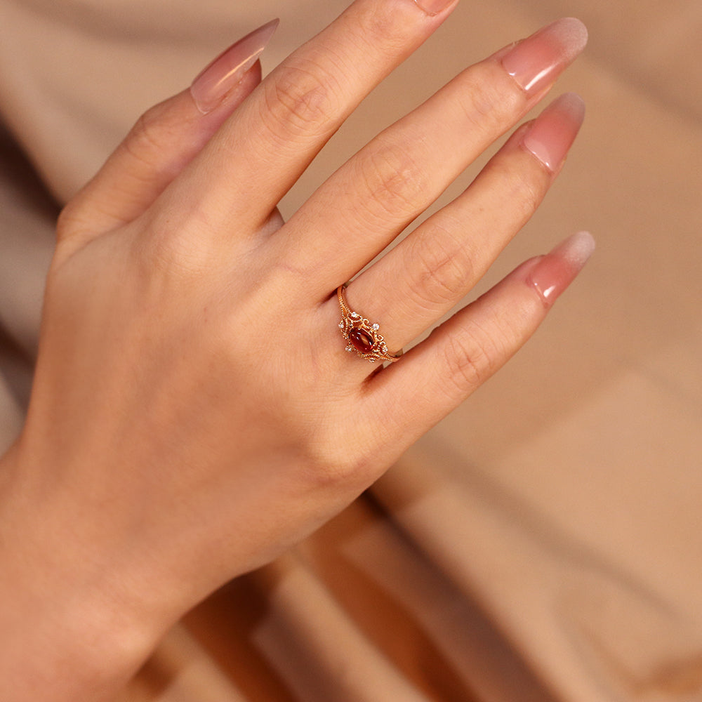 5x7mm Oval Cut Garnet Vintage Inspired Filigree Diamond Accent Engagement Ring