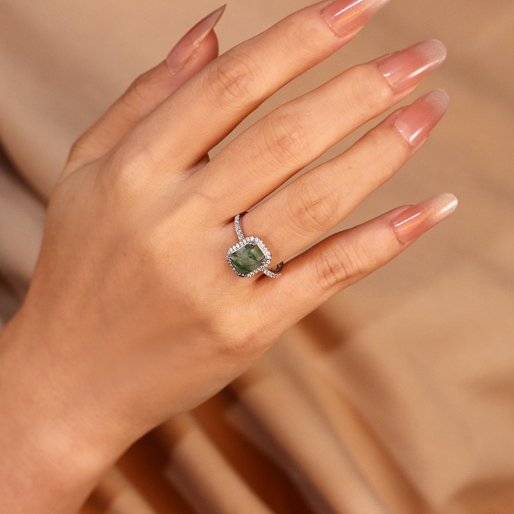 8x10mm Emerald Cut Moss Agate Nature Inspired Halo Engagement Ring