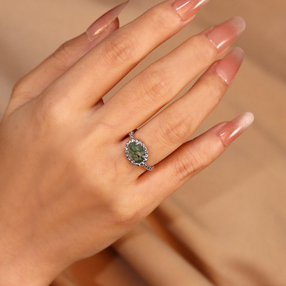 7x9mm Oval Cut Moss Agate Nature Inspired Rope Twist Engagement Ring