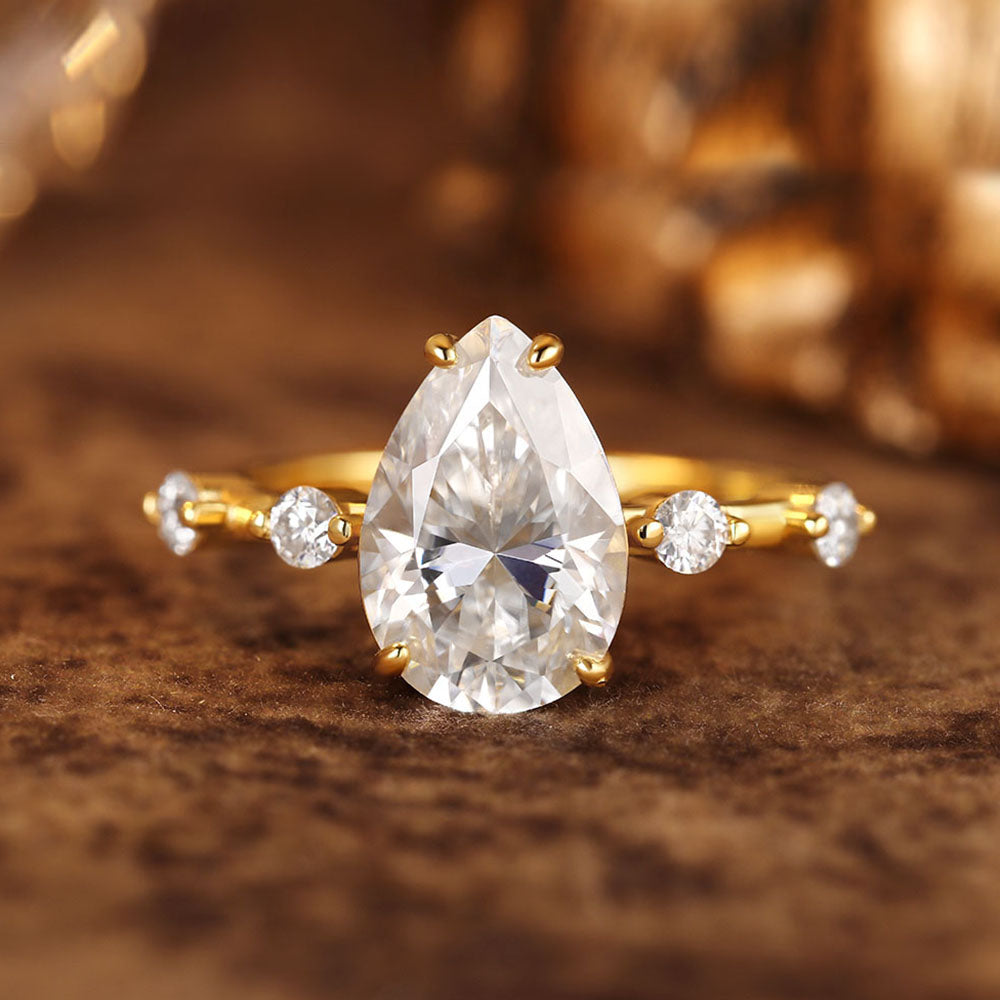 Pear Cut Unique Distance Pave Set Moissanite Engagement Ring