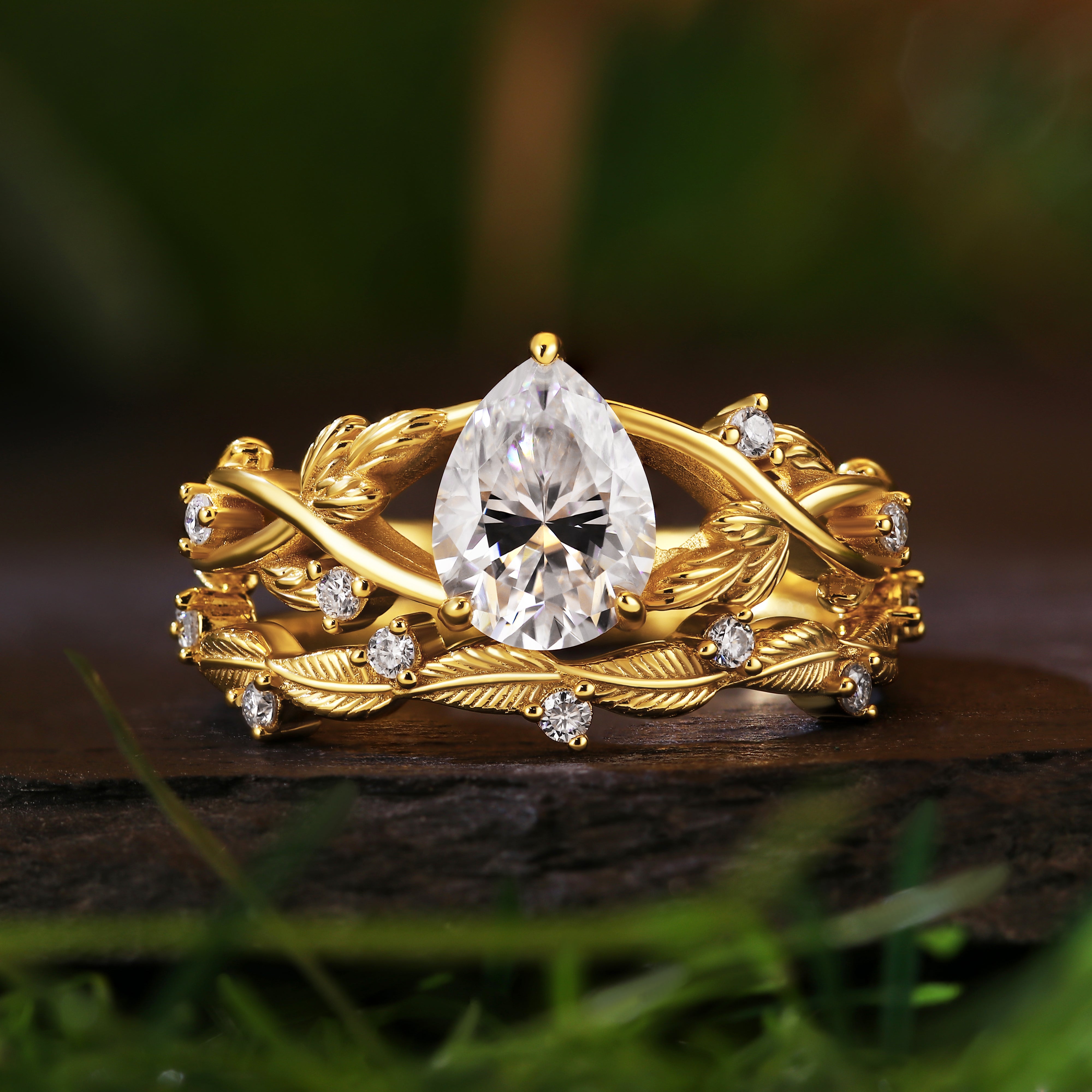 1.49CT Pear Moss Agate Leaf Nature Inspired Bridal Ring Set