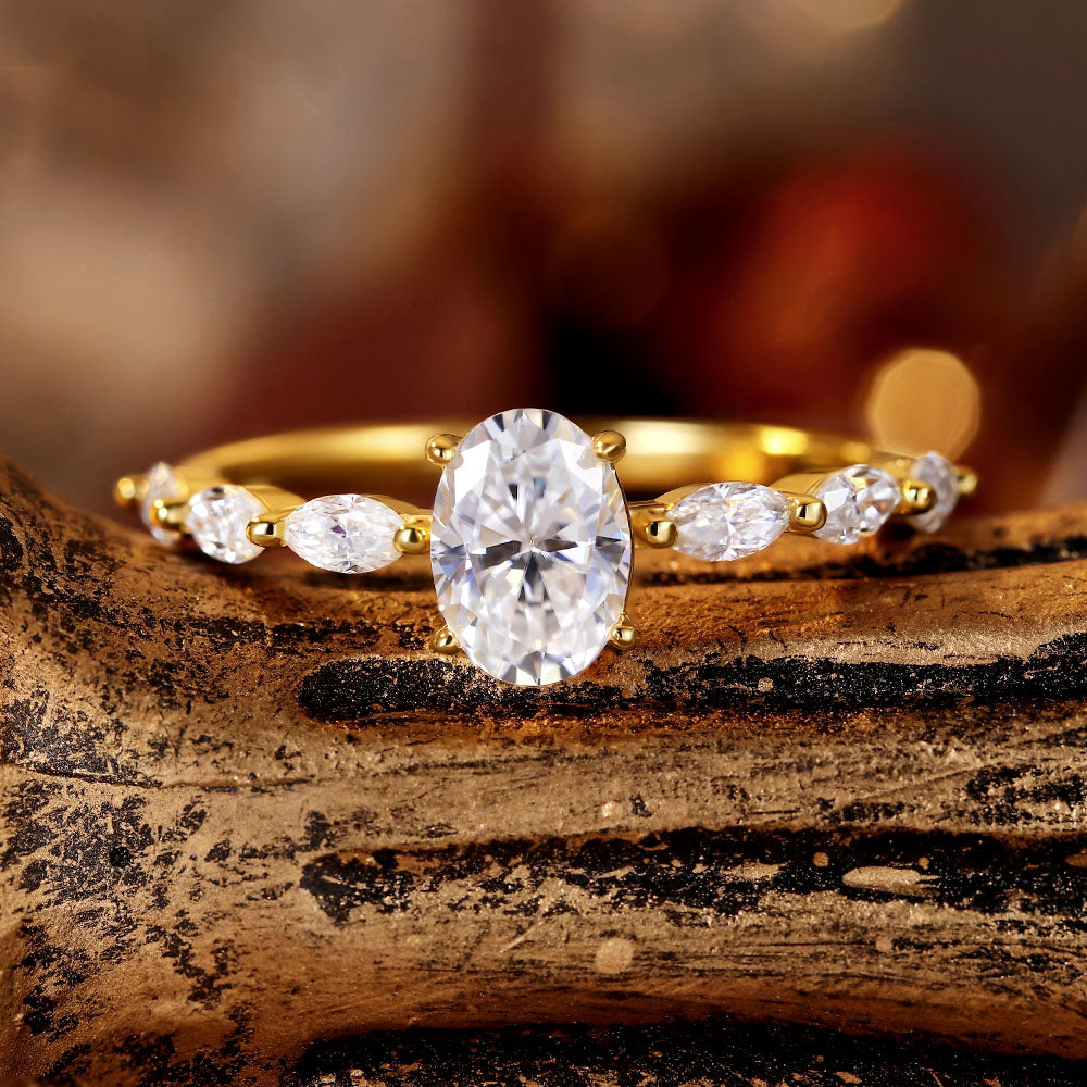 Oval Moissanite Engagement Ring With Marquise Moissanite