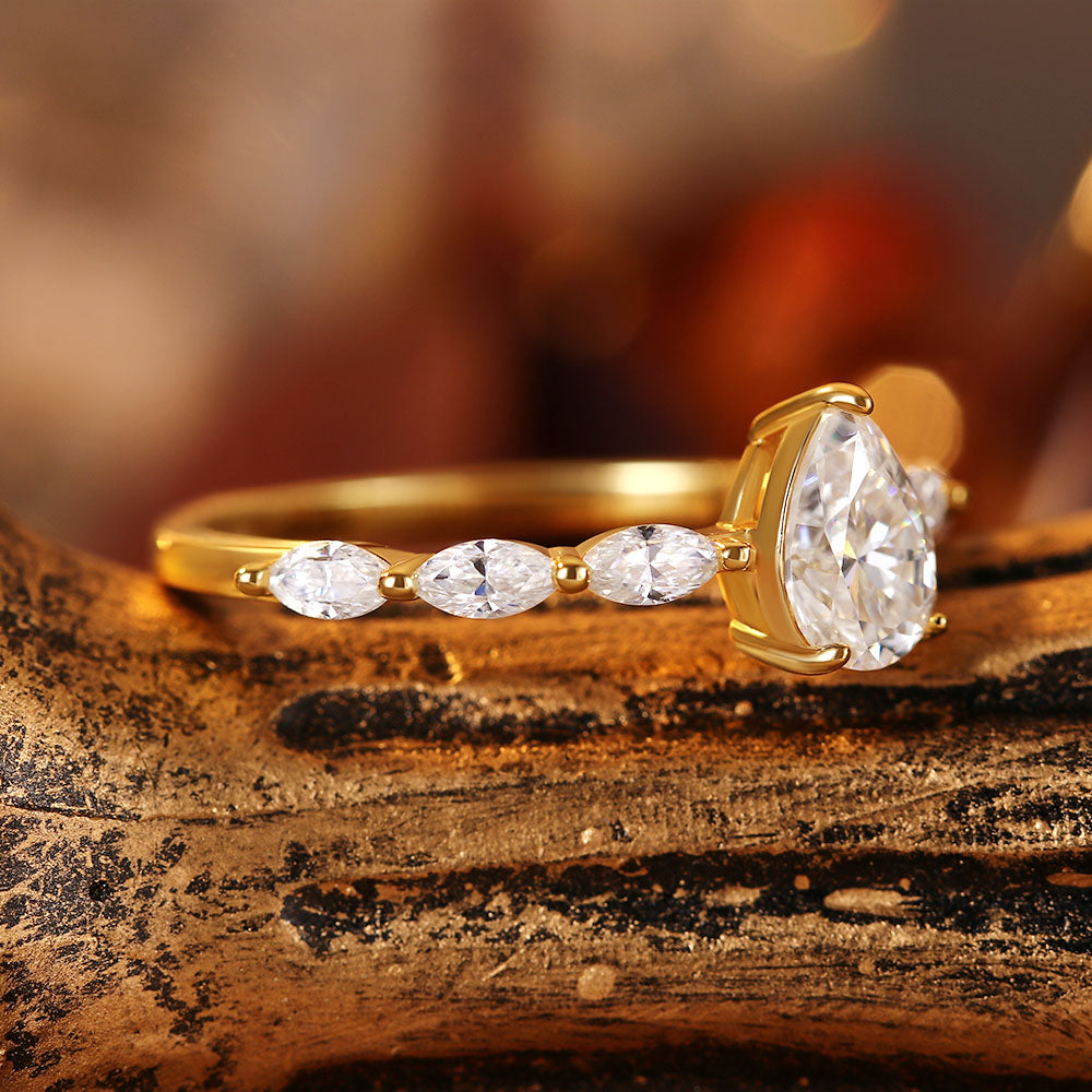 Pear Moissanite Engagement Ring With Marquise Moissanite