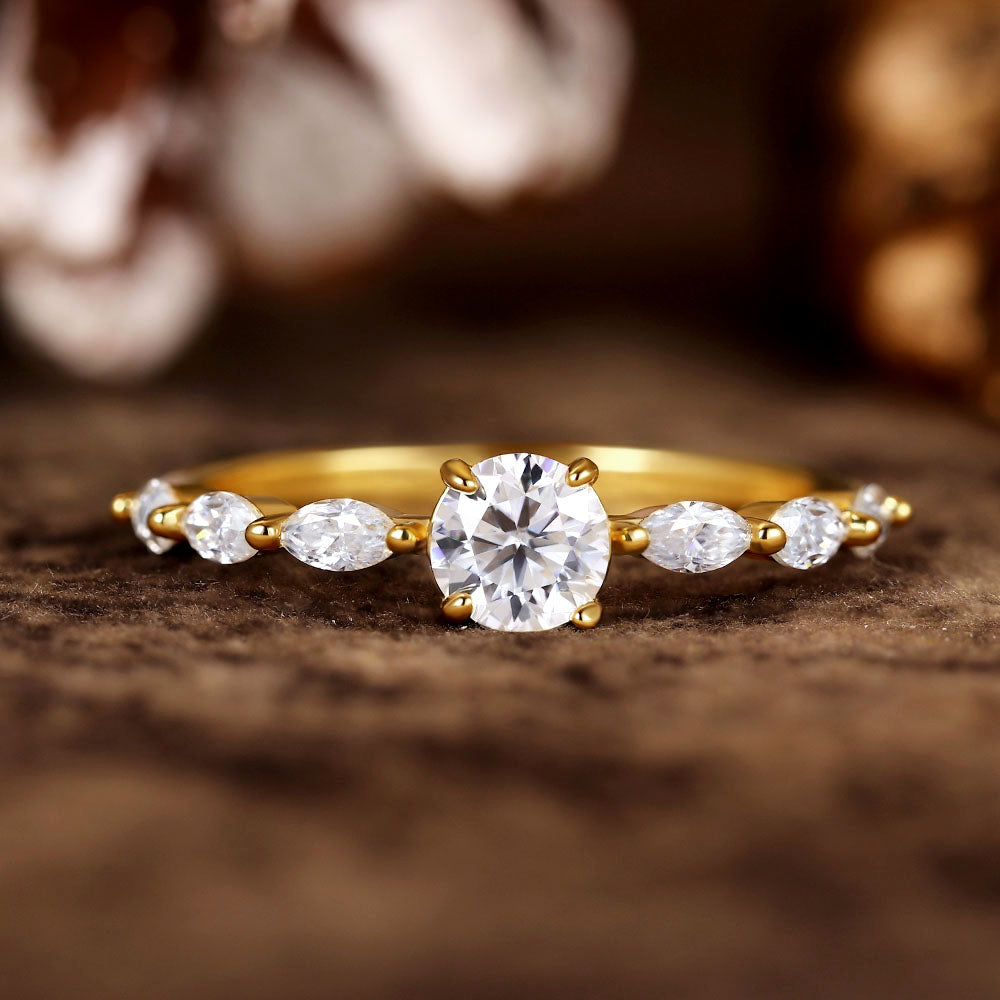 Round Moissanite Engagement Ring With Marquise Moissanite