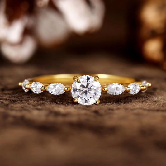 Round Moissanite Engagement Ring With Marquise Moissanite