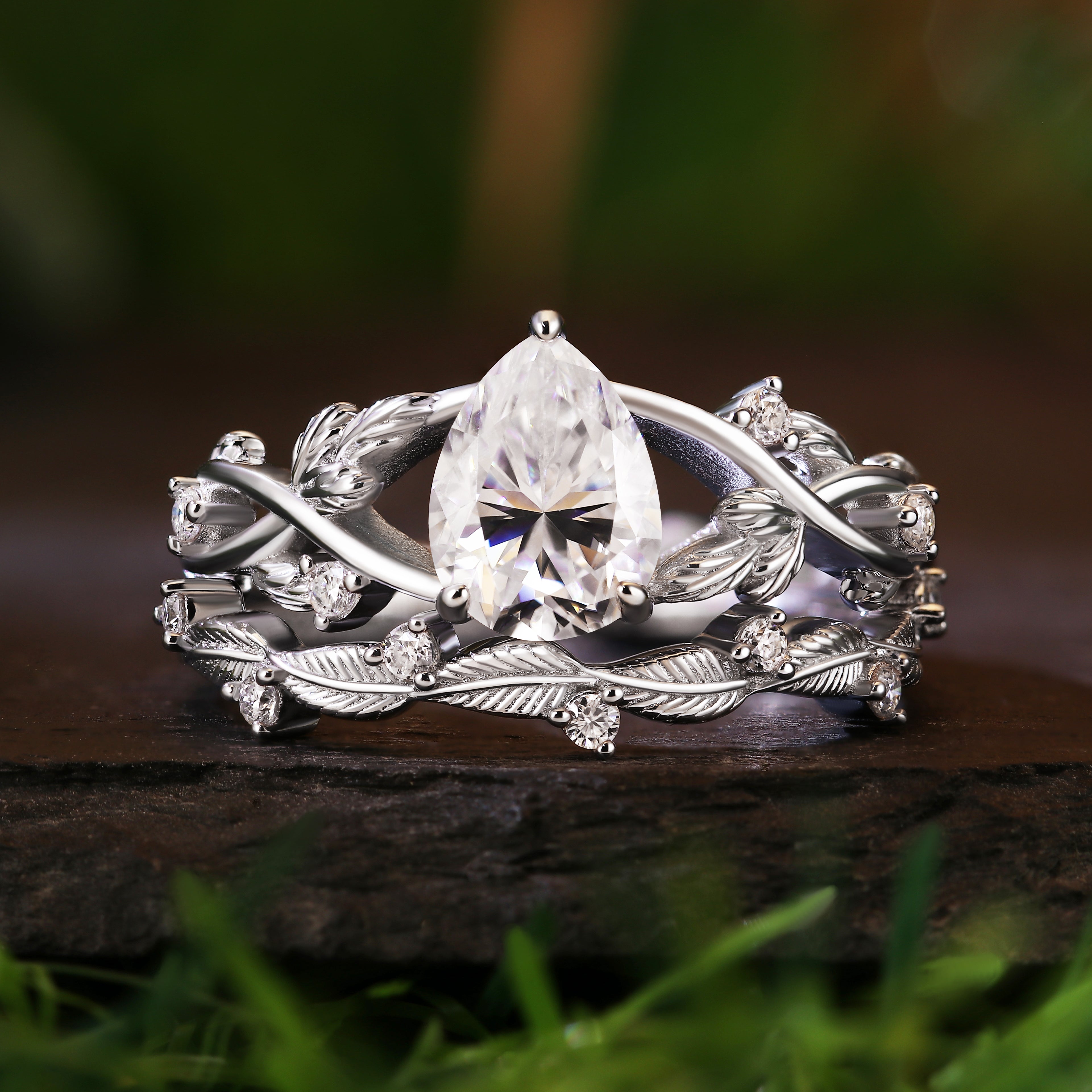 1.49CT Pear Moss Agate Leaf Nature Inspired Bridal Ring Set