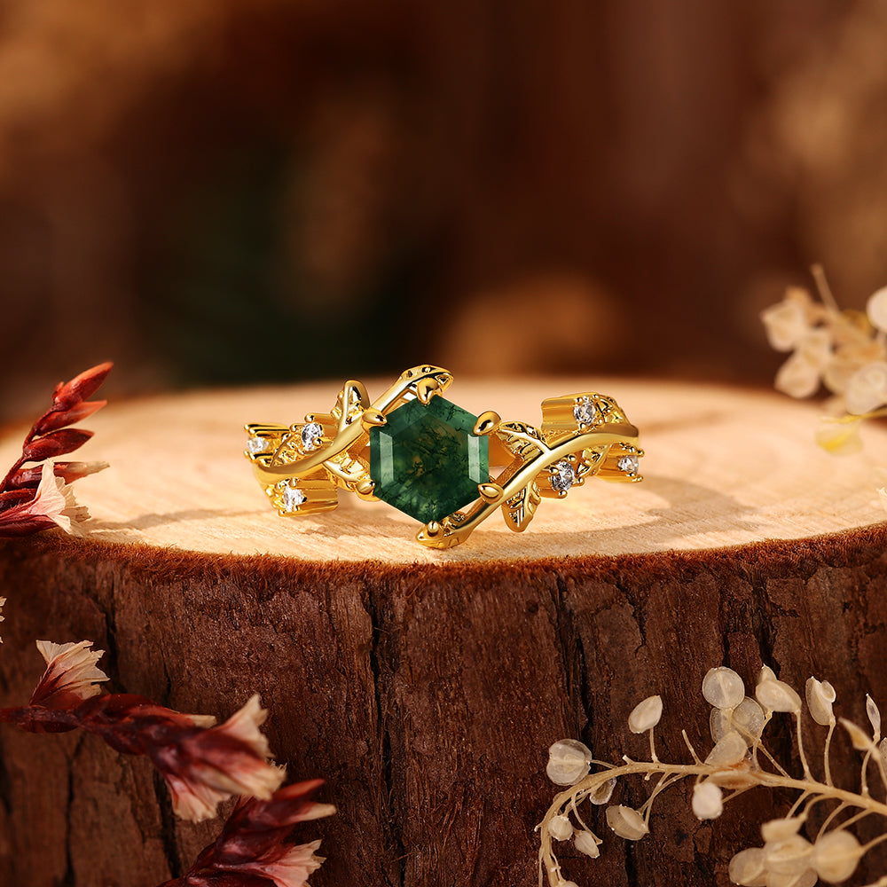 Forest Fairy Hexagon Moss Agate Ring Handcrafted Gold Vine and Leaf Nature Inspired Jewelry