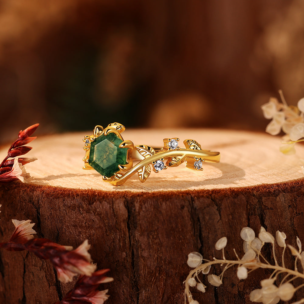 Forest Fairy Hexagon Moss Agate Ring Handcrafted Gold Vine and Leaf Nature Inspired Jewelry