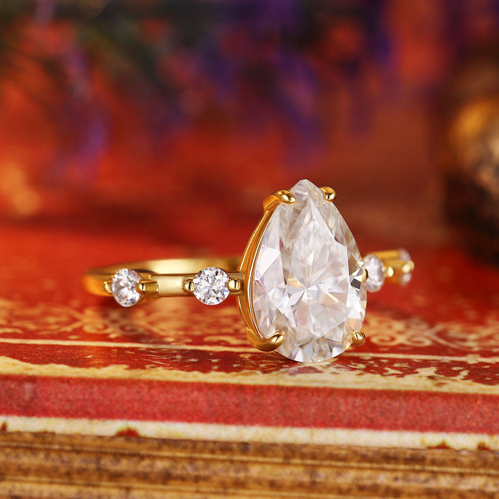 Pear Cut Unique Distance Pave Set Moissanite Engagement Ring