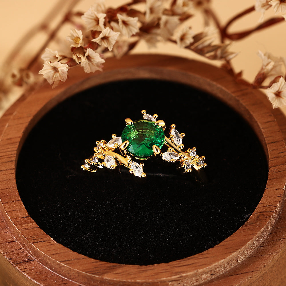 Nature Inspired 1.28CT Round Cut Lab Emerald Leaf & Branch Cluster Ring