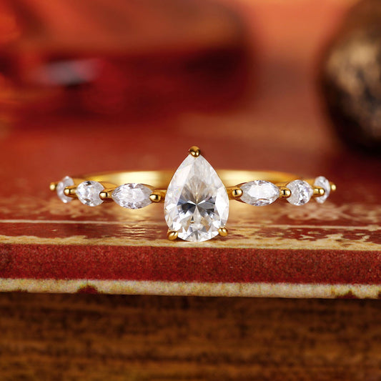 Pear Moissanite Engagement Ring With Marquise Moissanite