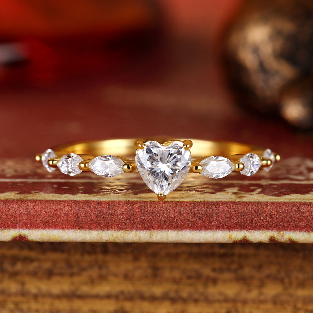 Heart Moissanite Engagement Ring With Marquise Moissanite
