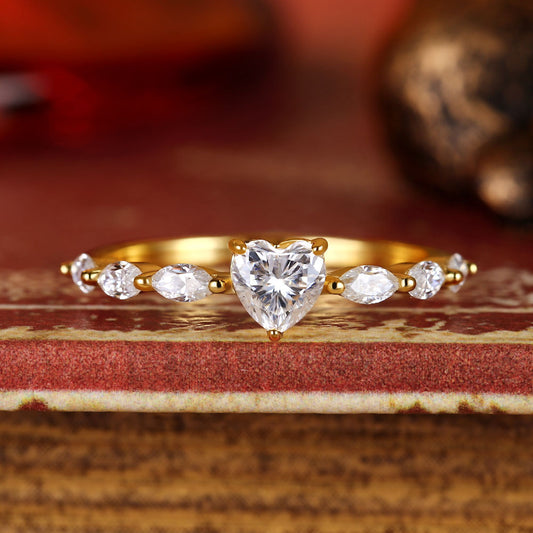 Heart Moissanite Engagement Ring With Marquise Moissanite