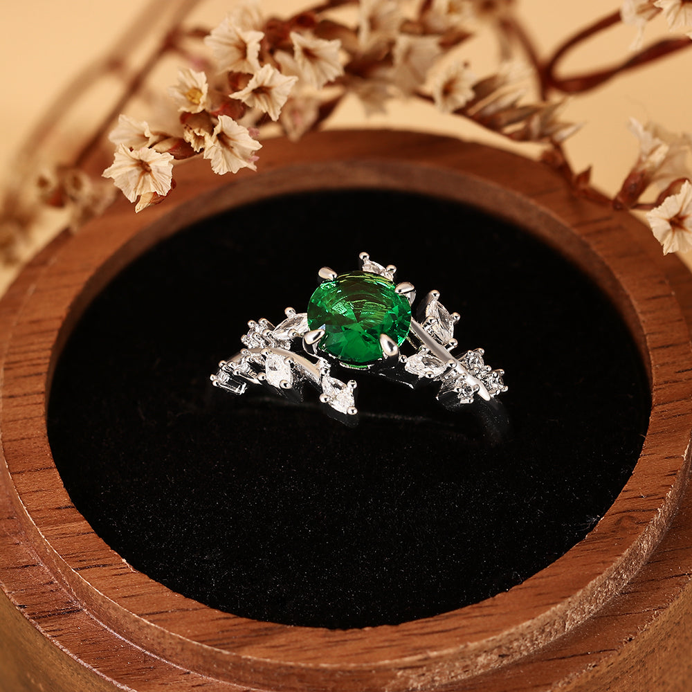 Nature Inspired 1.28CT Round Cut Lab Emerald Leaf & Branch Cluster Ring