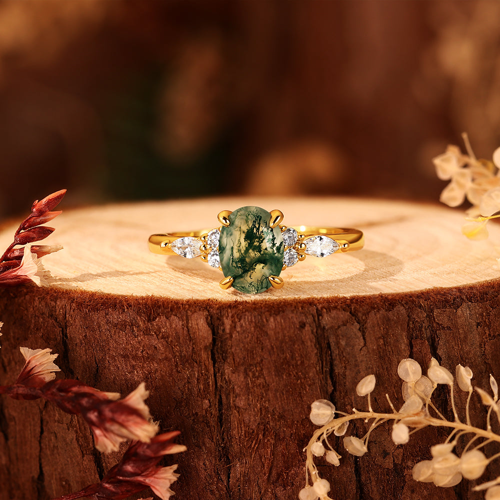 Vintage 6*8mm Oval Moss Agate Engagement Ring with Marquise Cluster Side Stones