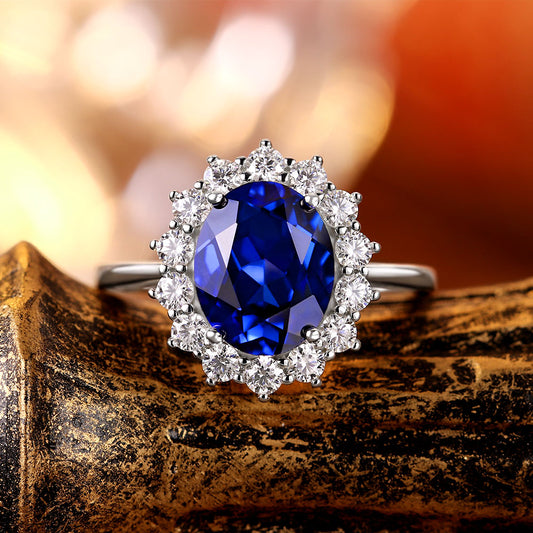 Oval Lab Sapphire Flower Inspired Design Cluster Engagement Ring with Moissanite