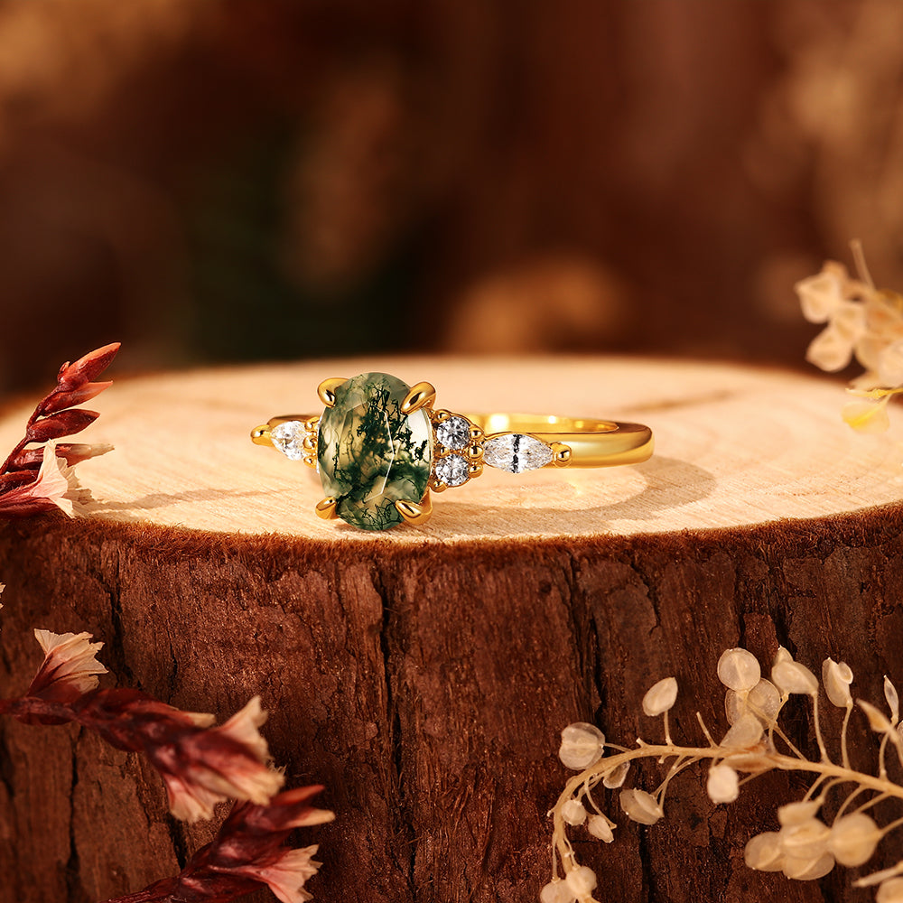 Vintage 6*8mm Oval Moss Agate Engagement Ring with Marquise Cluster Side Stones