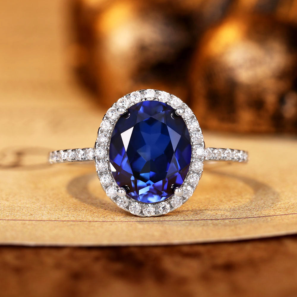 Oval Lab Sapphire Halo Engagement Ring with Moissanite