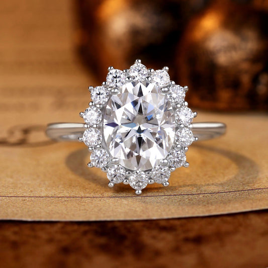 Oval Moissanite Flower Inspired Design Cluster Engagement Ring