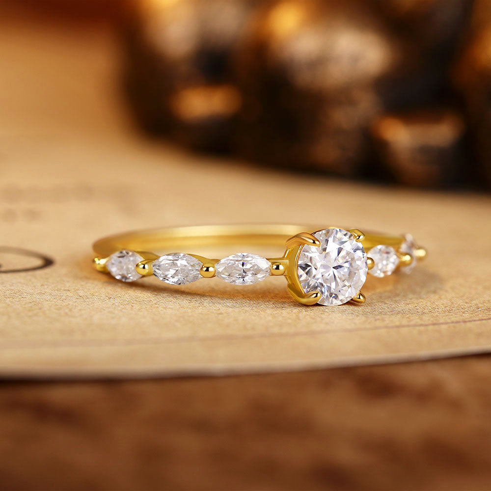 Round Moissanite Engagement Ring With Marquise Moissanite