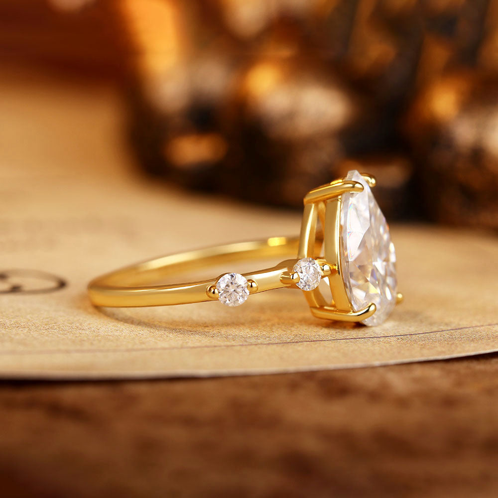 Pear Cut Unique Distance Pave Set Moissanite Engagement Ring