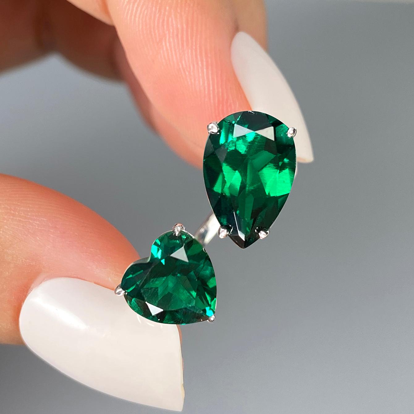 2.74 ct Pear & 1.78 ct Heart Lab Emerald Toi et Moi Engagement Ring