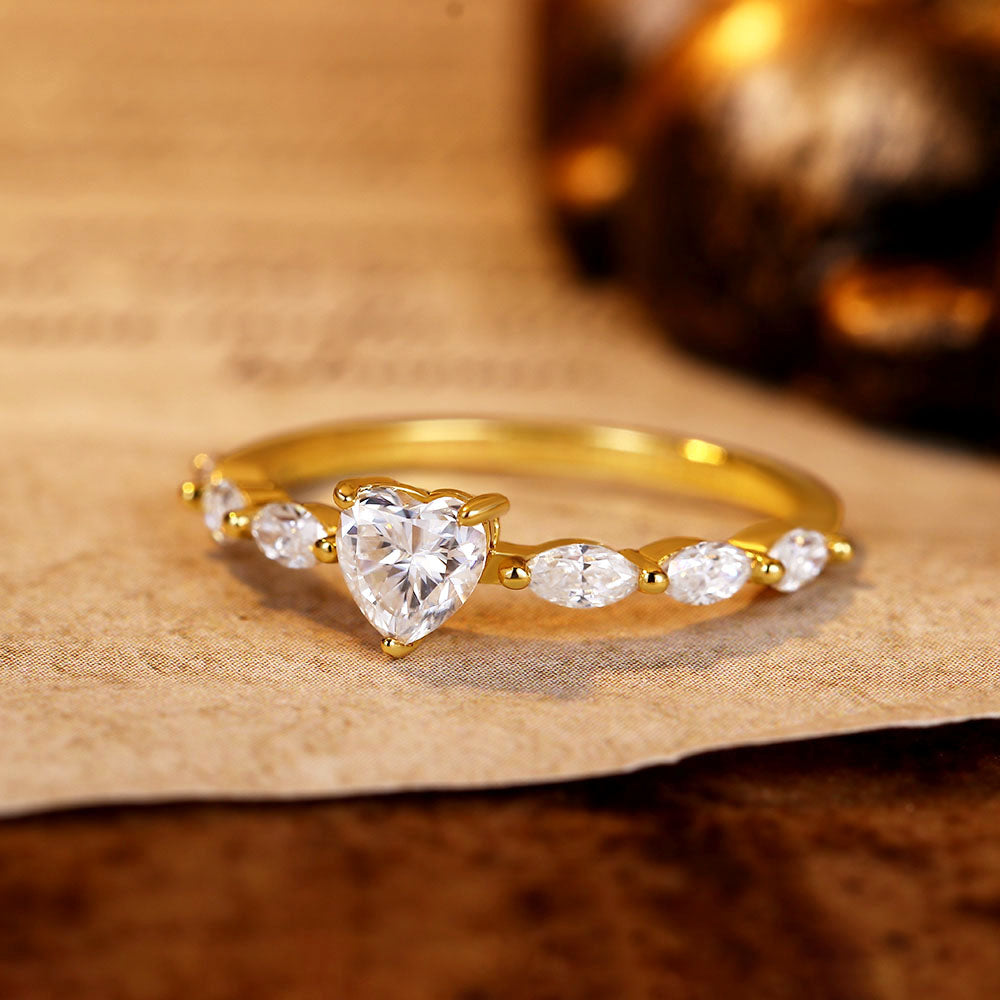 Heart Moissanite Engagement Ring With Marquise Moissanite
