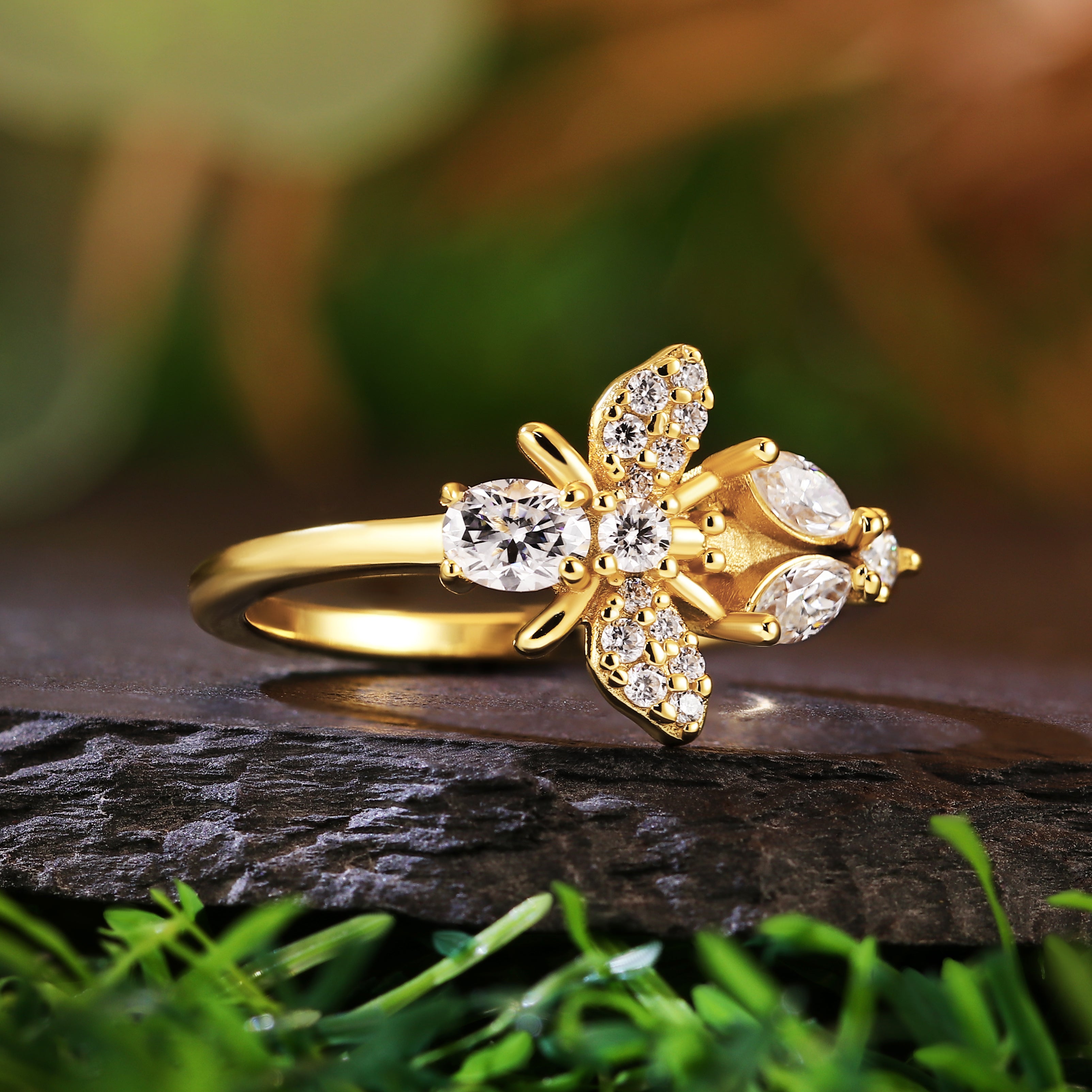 Unique Bee Nature Inspired Marquise Cut and Oval Cut Engagement Ring