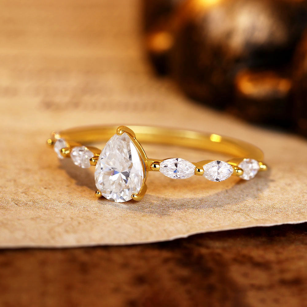Pear Moissanite Engagement Ring With Marquise Moissanite