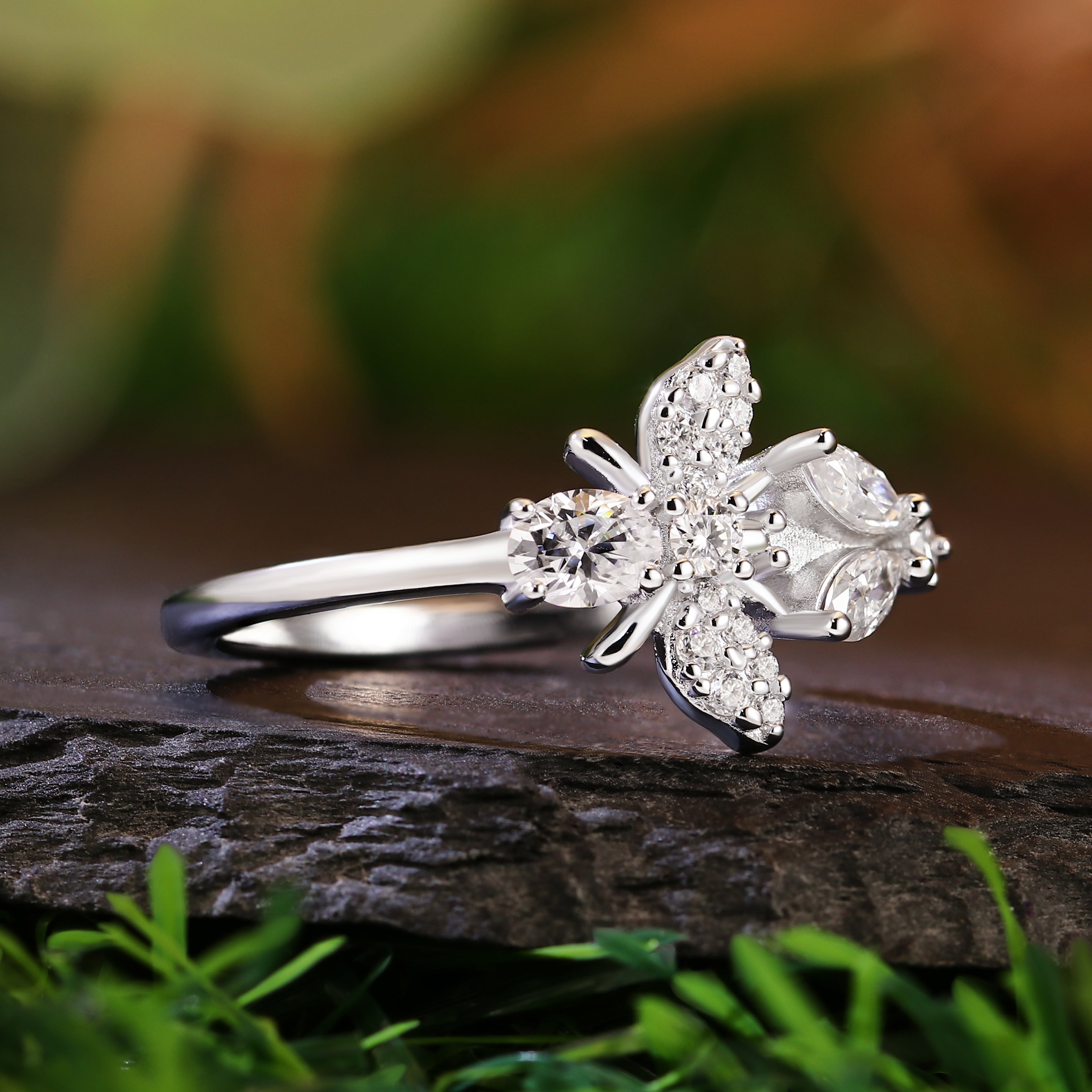 Unique Bee Nature Inspired Marquise Cut and Oval Cut Engagement Ring