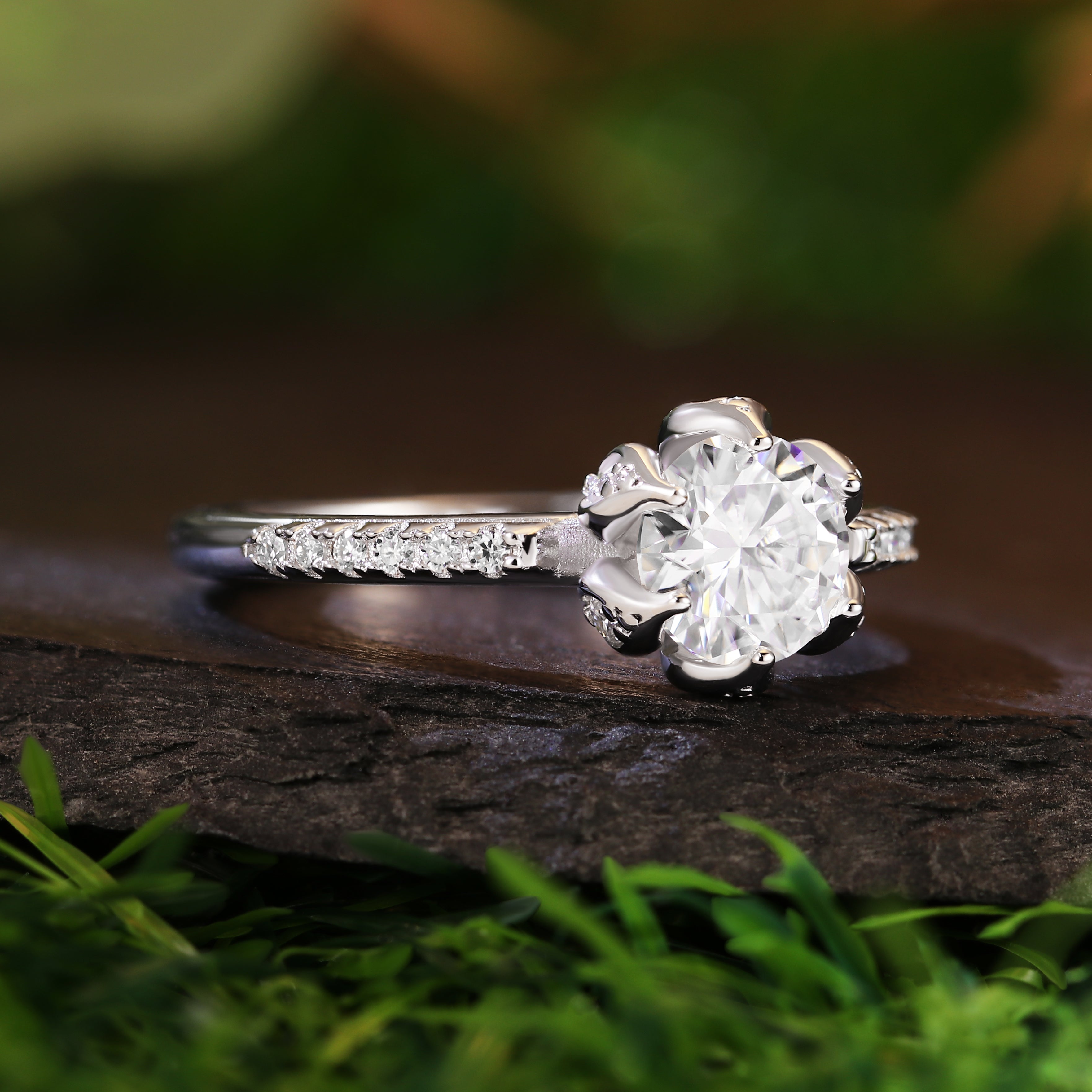 Vintage-Inspired Lotus 1.18CT Round Cut Moissanite Engagement Ring