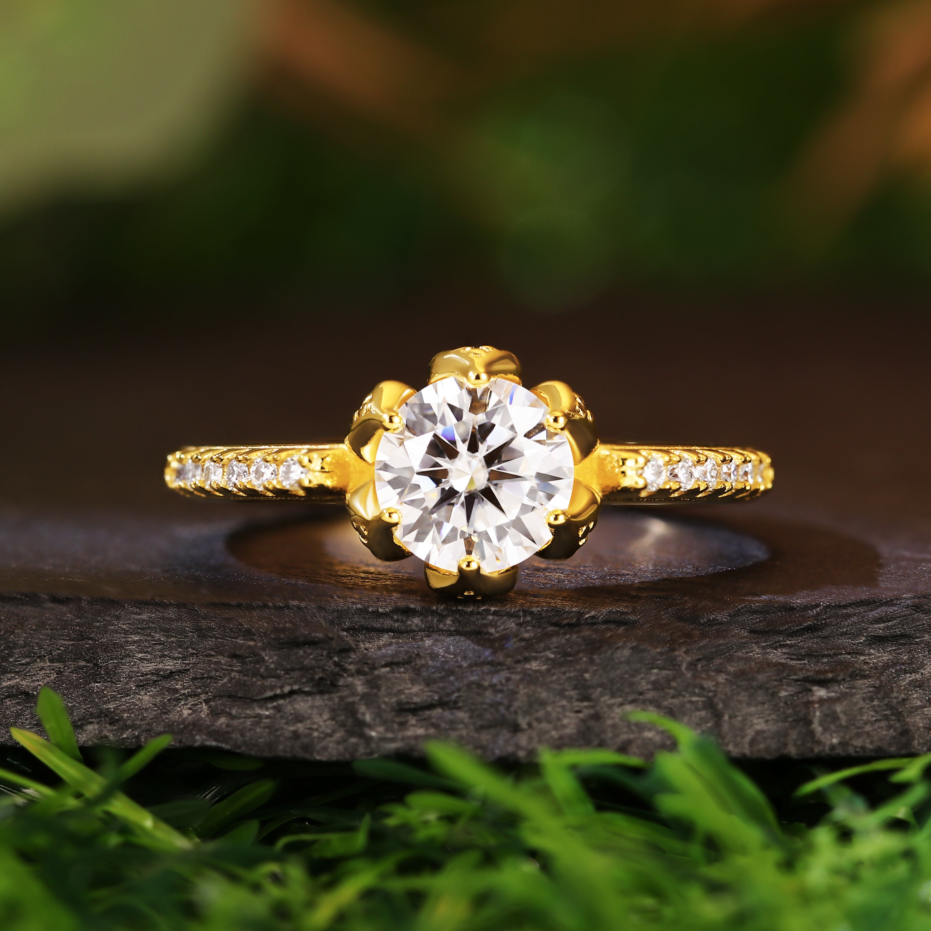 Vintage-Inspired Lotus 1.18CT Round Cut Moissanite Engagement Ring