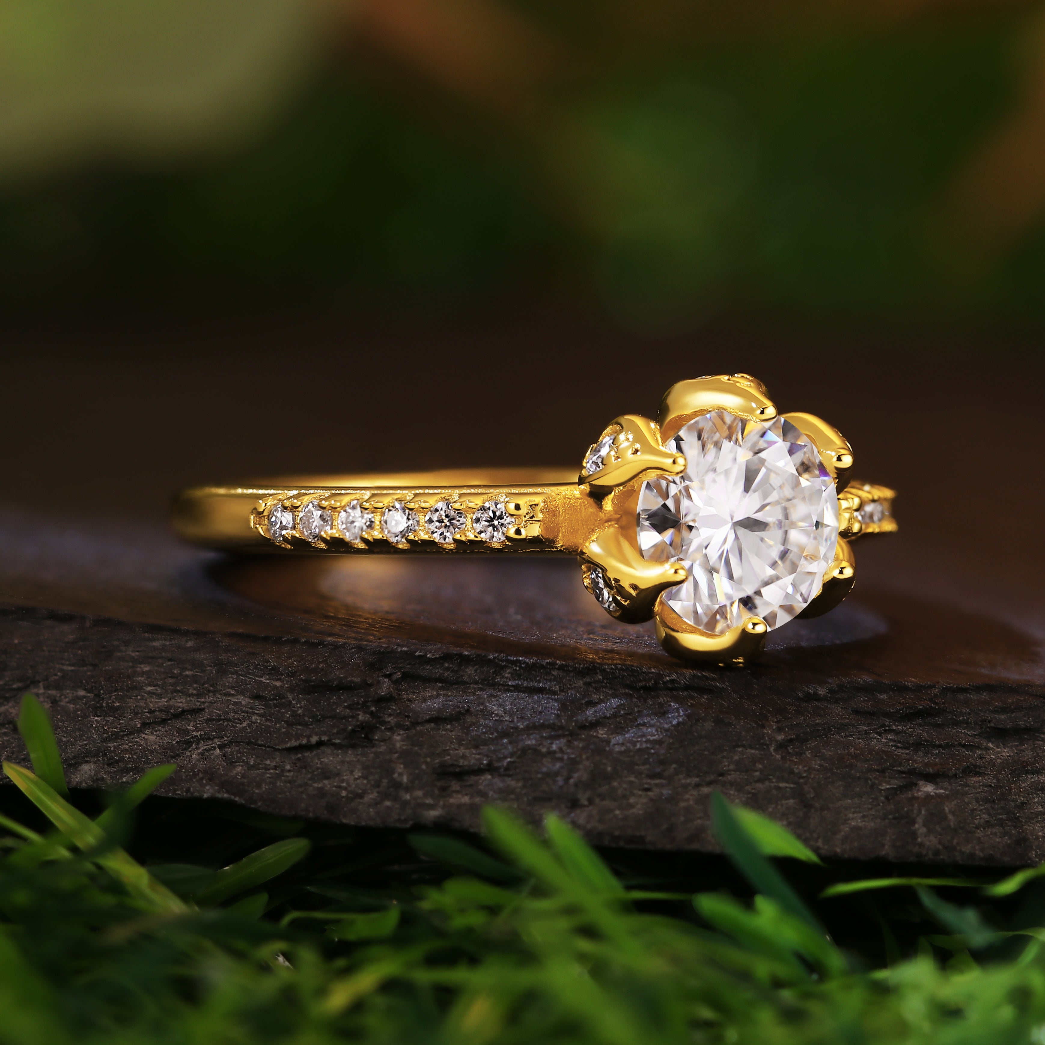 Vintage-Inspired Lotus 1.18CT Round Cut Moissanite Engagement Ring
