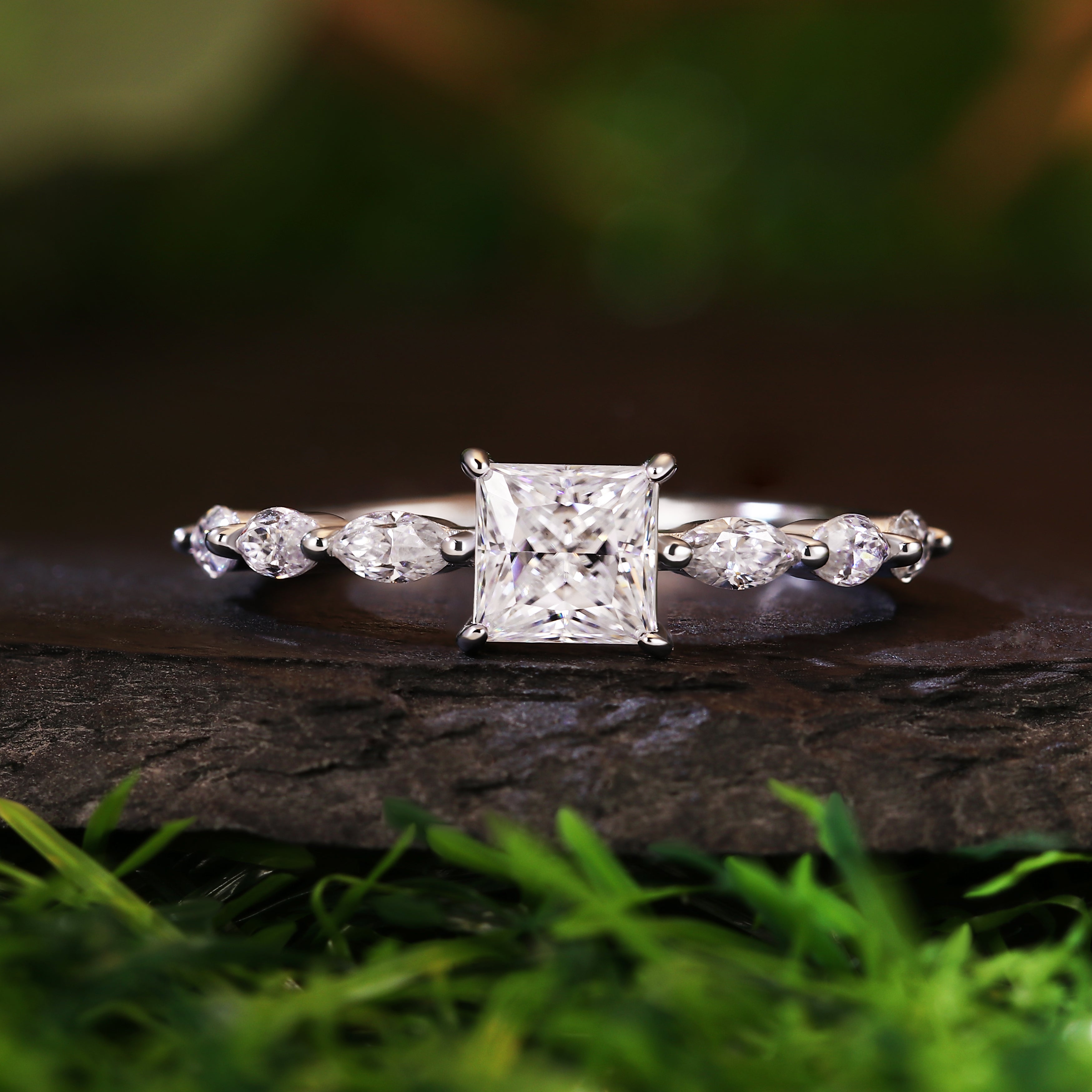 1.1CT Princess Cut Moissanite Engagement Ring with Marquise Side Stones