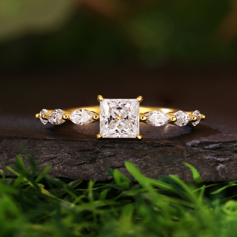 1.1CT Princess Cut Moissanite Engagement Ring with Marquise Side Stones