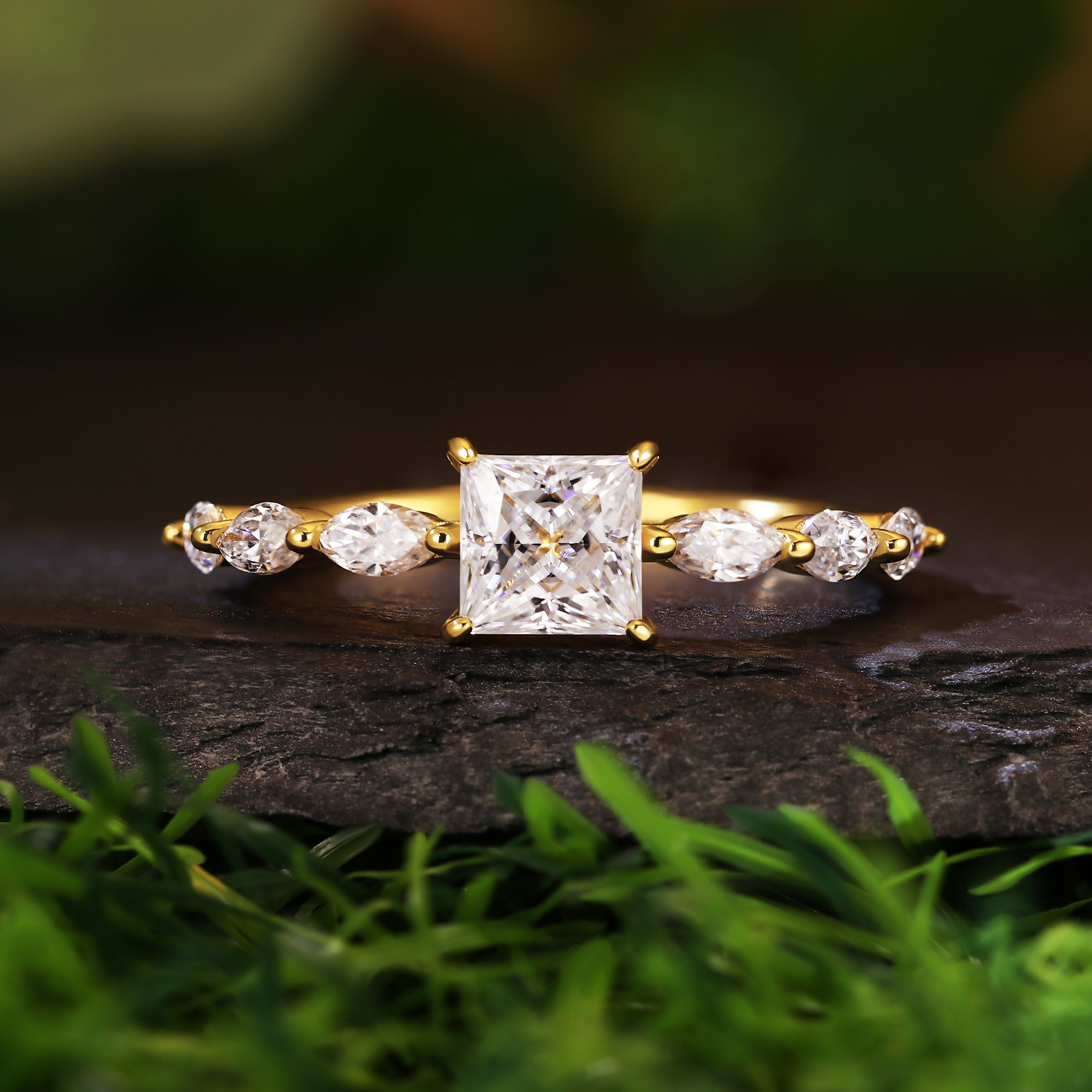 1.1CT Princess Cut Moissanite Engagement Ring with Marquise Side Stones