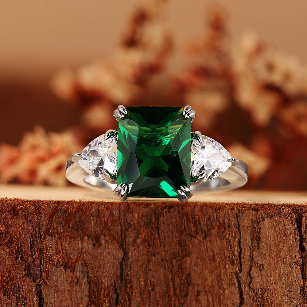 4.14CT Emerald Cut Lab Emerald Three Stone with Trillion Side Stones Ring