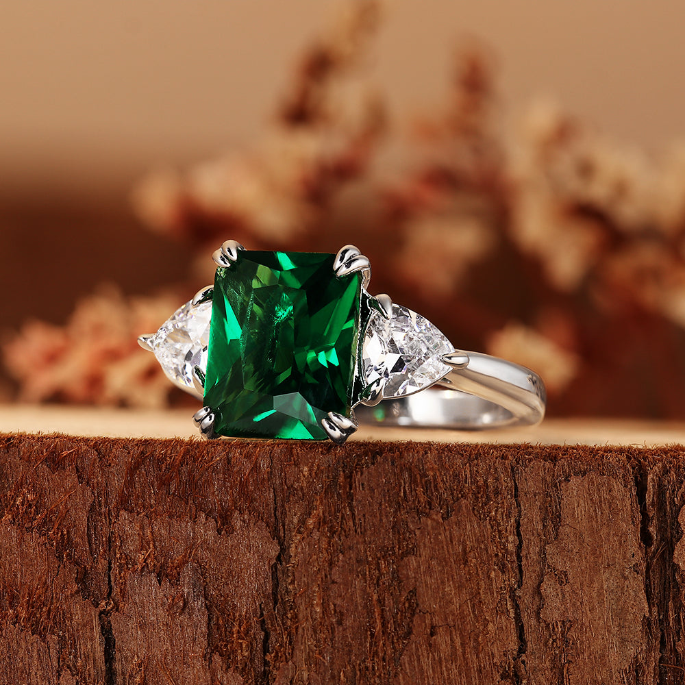 4.14CT Emerald Cut Lab Emerald Three Stone with Trillion Side Stones Ring